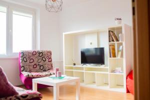 a living room with a tv and a chair and a table at Centro apartamentai in Naujoji Akmenė