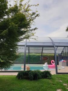 a swimming pool with a pink flamingo in a building at La Maison dans la Brie in Saint-Augustin