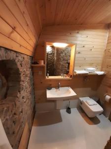 un bagno con lavandino e servizi igienici in una cabina di Omaya Eco Village a Gaytaninovo