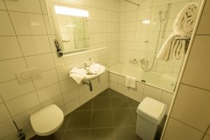 a bathroom with a toilet and a sink and a tub at Apart Holidays - Marina Walensee in Unterterzen