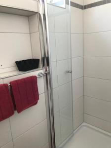 ein Bad mit einer Dusche und roten Handtüchern in der Unterkunft Moselnest in Cochem + 13 Fotos