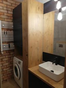 ein Badezimmer mit einem Waschbecken und einer Waschmaschine in der Unterkunft Gold Apartament in Płock
