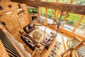 an overhead view of a living room in a log cabin at Star Dancer Cabin in Gatlinburg +56 photos