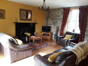 sala de estar con muebles de cuero y chimenea en Wellfield Farmhouse en Tipperary