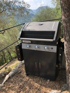 a grill is sitting next to a tree at Cabane de L Esteron in Gilette