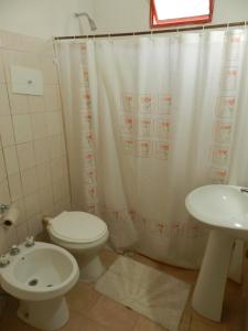 une salle de bain avec toilettes et lavabo dans l'établissement Hostel Ctalamochita, à Embalse