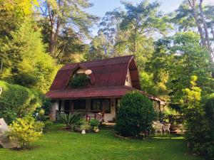 a small house with a red roof in a yard at Casa na Floresta em Campos do Jordao in Campos do Jordão