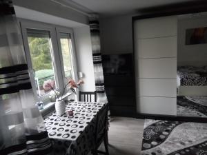 a dining room with a table and a window at Harzpension Haus Königskopf in Braunlage +38 photos