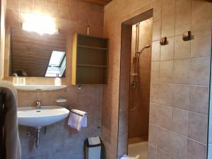 a bathroom with a sink and a shower at Haus Talblick in Stocksberg