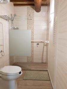 W łazience znajduje się biała toaleta i prysznic. w obiekcie Agriturismo Villa al piano w mieście Todi