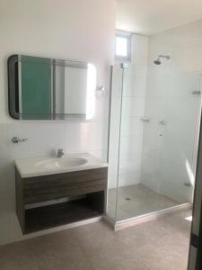 uma casa de banho com um lavatório e um chuveiro com um espelho. em Hotel Suites Caribe em Barranquilla