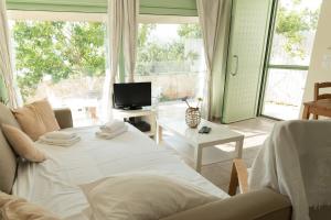 1 dormitorio con 1 cama, TV y ventana en Meganisi Blue apartment, en Meganisi