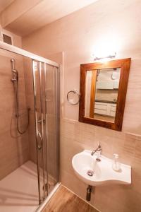 a bathroom with a sink and a shower and a mirror at APARTAMENT NA SZLAKU in Szczawnica