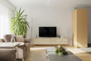 a living room with a couch and a tv at Haus Ascot in Zermatt