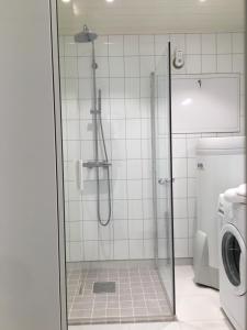 a shower with a glass door in a bathroom at Sennesvik Apartments Lofoten in Sennesvik