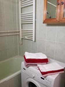 uma casa de banho com uma máquina de lavar roupa e uma banheira em Sara Apartman em Târgu-Mureş