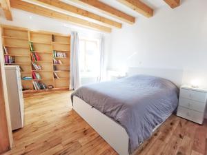 una camera da letto con un letto e una libreria di Maison cosy complètement rénovée a Gertwiller