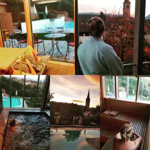 a collage of photos with a woman looking out a window at Hotel Goldener Stern in Caldaro