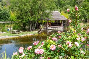 a garden with a gazebo and some pink roses at Mas La Jaina in Bargemon