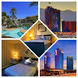 een collage van verschillende foto's van een hotelkamer bij Lovely condo! Walking distance to the Strip with pool and spa in Las Vegas