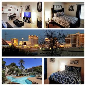 een collage van vier foto's van een hotelkamer bij Lovely condo! Walking distance to the Strip with pool and spa in Las Vegas