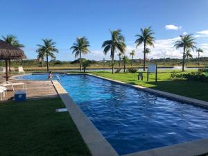 a large swimming pool with palm trees in the background at O Paraíso que você merece in Praia do Forte