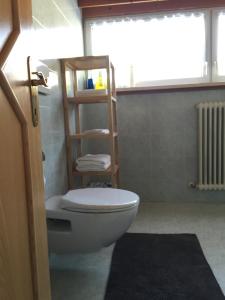 a bathroom with a toilet with a wooden shelf at Schönhuberhof - Panoramalage in Brunico