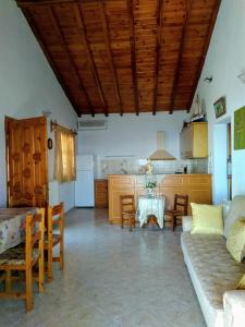 villa axiothea في مدينة سكياثوس: غرفة معيشة مع طاولة ومطبخ