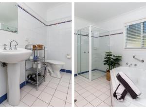 two pictures of a bathroom with a sink and a shower at Akarana Beach House by Jervis Bay Rentals in Vincentia