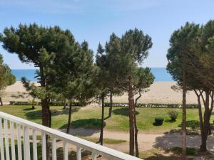 a balcony with trees and the ocean in the background at LE BELVEDERE 1- Front de Mer - Plage Argelès in Argelès-sur-Mer