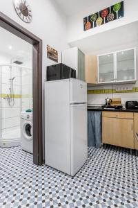 ブダペストにあるMickey's Chain Bridge Apartmentsのキッチン(白い冷蔵庫、洗濯機付)