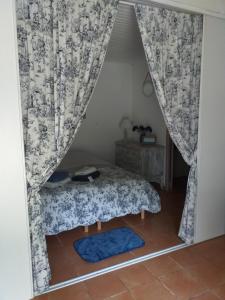 a small room with a bed with a curtain at Les Demeures de la Laigne in Allas-Bocage