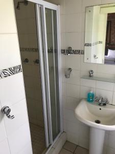uma casa de banho com um chuveiro e um lavatório. em Weltevreden Game Lodge em Bloemfontein