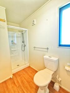 a bathroom with a toilet and a shower at Atarau Grove Studio in Paraparaumu