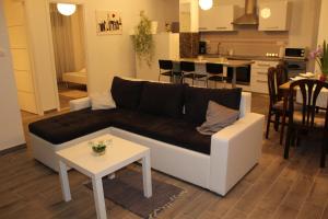 ein Wohnzimmer und eine Küche mit einem Sofa und einem Tisch in der Unterkunft Nicely decorated apartment Silver in Fažana