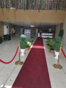 a red carpeted aisle with a red ribbon and plants at Golden Dakhil in Medina