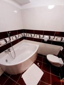 a bathroom with a bath tub and a toilet at Jolán Pension & Restaurant in Číčov