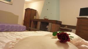 a rose on a bed in a bedroom with a fireplace at Affittacamere Villa Serafini in Remanzacco