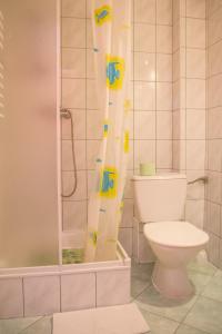 a bathroom with a toilet and a shower curtain at Zosienka - pokoje gościnne in Wisła