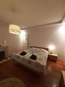Un dormitorio con una cama grande y una lámpara de araña. en Fleur De Senon en Senon