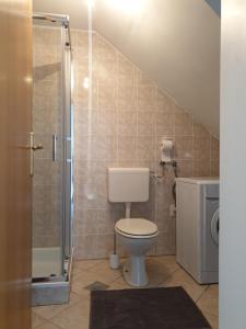 La salle de bains est pourvue d'une douche et de toilettes. dans l'établissement Apartment Barje I, à Ljubljana
