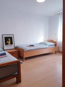 a bedroom with two beds and a wooden floor at Apartment Barje I in Ljubljana