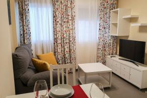 mały salon z kanapą i telewizorem w obiekcie Apartamentos Jerez Plaza w mieście Jerez de la Frontera
