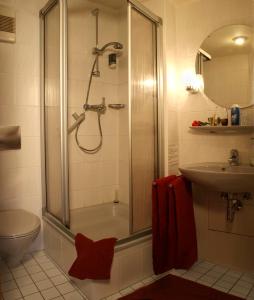La salle de bains est pourvue d'une douche et d'un lavabo. dans l'établissement Hotel Nassauer Hof, à Wissen