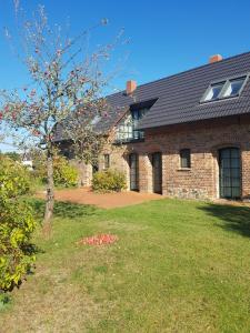 a brick house with a tree in the yard at Ferienhof Mochowsee in Schwielochsee