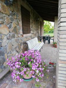 un edificio de piedra con un banco y flores en un patio en Agriturismo Il Morello, en Acquapendente