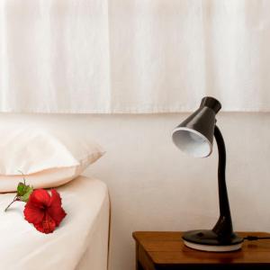 a lamp on a table next to a bed with a red flower at Pousada Les Alizes in Icaraí