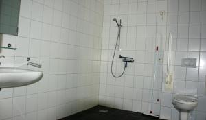 een badkamer met een douche en een toilet bij Vakantie-Oord "De Hulsdonken" in Bergeijk