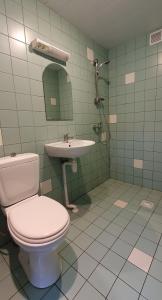 Tuksi Health and Sports Centre في Tuksi: حمام مع مرحاض ومغسلة