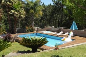 una piscina con un cisne en un patio en Villa Cuesta, en O Grove